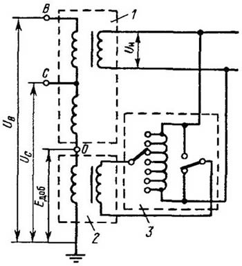 Схема включения последовательного регулировочного трансформатора в цепь автотрансформатора